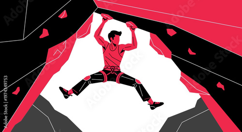 Dynamic Illustration Of A Climber Ascending A Bold Red And Black Rock Face