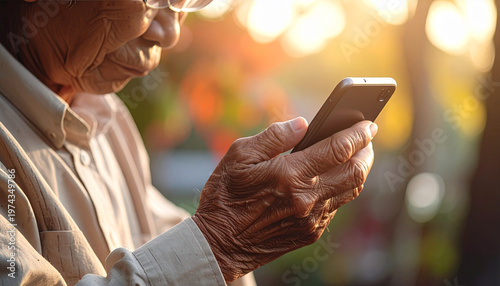 Senior using smartphone outdoors