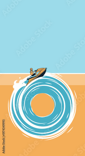 Dynamic Jet Ski Rider Creates Circular Water Wave Under Clear Blue Sky