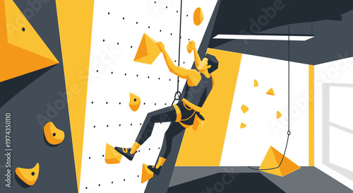 Dynamic Indoor Rock Climbing Person Ascending Wall