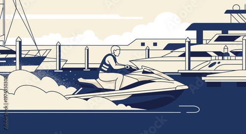 Dynamic Jet Ski Rider Navigates Coastal Marina With Luxury Yachts