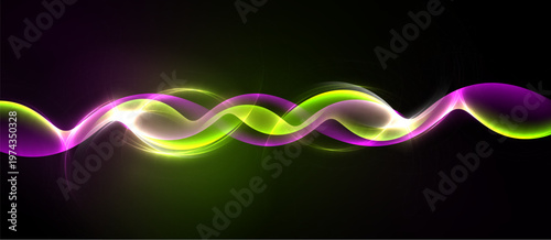 Bright wavy lines span image. Vivid purple, green, white hues contrast dark background. Smooth curves create dynamic visual effect.