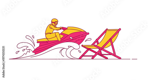 Dynamic Jet Ski Adventure Meets Relaxing Beach Lounger Illustration