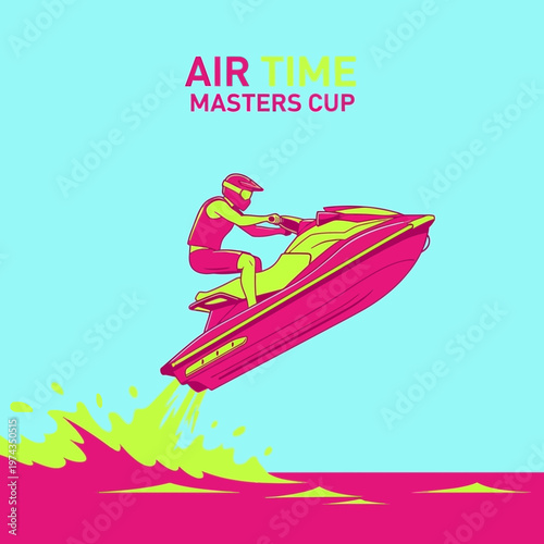 Dynamic Jet Ski Rider Soaring Through Air During Extreme Water Sports Competition Event