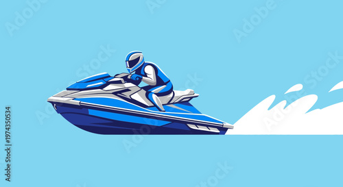 Dynamic Jet Ski Rider Speeding Across Open Water With White Wake Trail