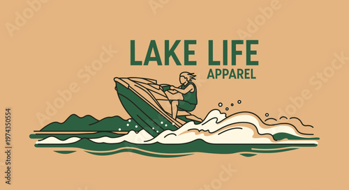 Dynamic Jet Ski Rider Speeding Across Water in a Vintage Line Art Style