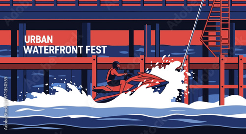 Dynamic Jet Ski Ride At Urban Waterfront Festival Exciting Water Sports Action