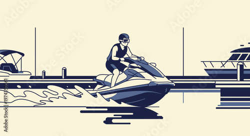 Dynamic Jet Ski Ride Through a Serene Marina Landscape