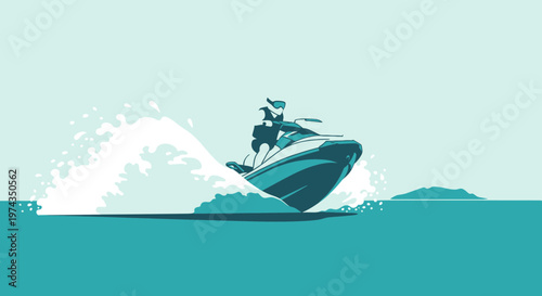 Dynamic Jet Ski Rider Speeding Through Blue Waters With Spray