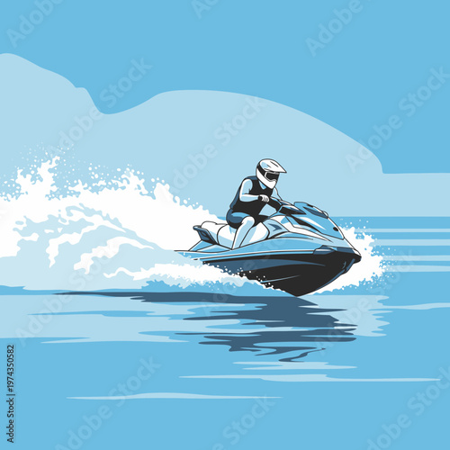 Dynamic Jet Ski Rider Speeding Through Water Creating Splashes