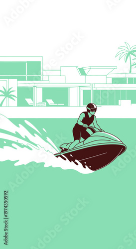 Dynamic Jet Ski Rider Speeding Through Water Near Modern Villa