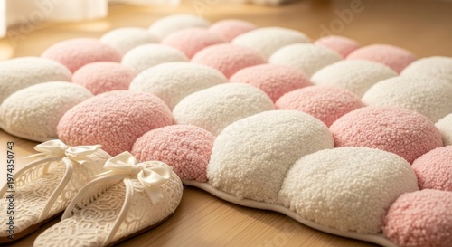 Soft pink and white rug with matching slippers textured surface detail