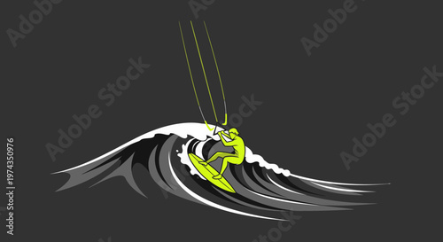 Dynamic Kite Surfing Action On A Cresting Wave