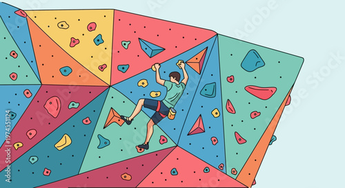 Dynamic Man Ascends Colorful Climbing Wall With Determination And Skill