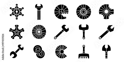 Several tools and fan blades are arranged neatly on a surface.