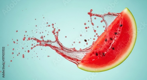 Watermelon slice with water splash refreshing summer fruit on light background