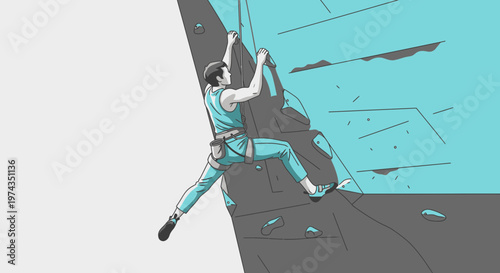 Dynamic Man Ascends Indoor Climbing Wall With Focus