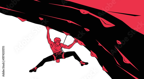 Dynamic Man Ascends Overhanging Rock Wall With Bold Red Accents