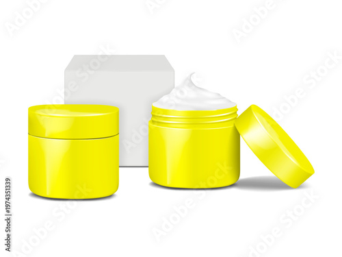 Face skincare cream packaging. 3d mockup. Round screw lid cosmetic jar closed and open with blank paperboard box. Realistic vector mock-up. Beauty product. Easy editable template for design
