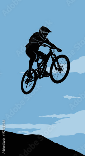 Dynamic Mountain Biker Airborne Against a Vivid Blue Sky Illustration