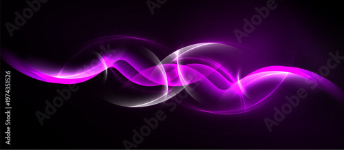 Abstract purple waves flow across dark background. Bright light creates dynamic, swirling energy. Smooth curves suggest movement, depth.