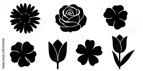 Black silhouettes of various flowers and leaves on a white background