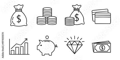 Financial icons display various money and wealth symbols on a simple background