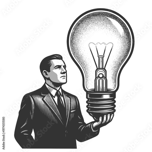 businessman presenting a giant glowing light bulb, innovation, creativity, startup ideas, and business success sketch engraving generative ai fictional character vector illustration. Scratch board.