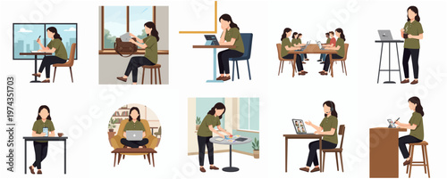 Flat Illustration Young Woman Working at Table Icon Set