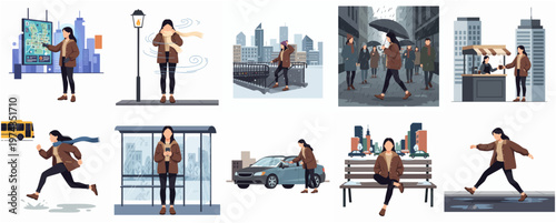 Flat Illustration Set of Woman Character Doing Different Activities in the City