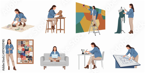 Flat Style Diverse People Doing Creative Activities Illustration Set