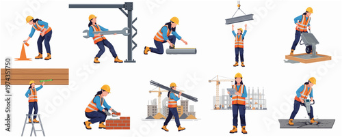 Detailed Flat Illustration of Female Construction Worker in Various Poses and Activities