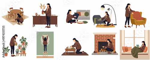 Flat Illustration Woman Doing Various Activities in Home Interior Decoration Set