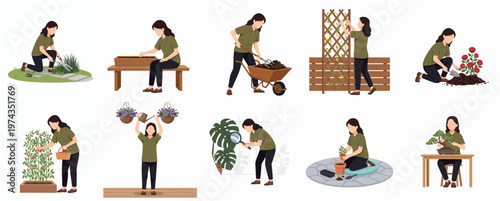 Flat Illustration Set of Woman Doing Gardening Activity Collection