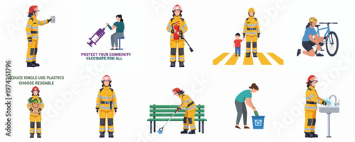 Flat Illustration Various Community Helper Doing Activity for Social Responsibility