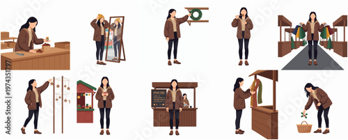 Stylized Flat Design Woman Small Business Owner at Market Illustration Set