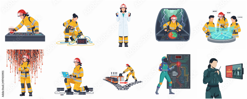 Fototapeta premium Pixelated Diverse People Working in Science, Engineering and Security Illustration