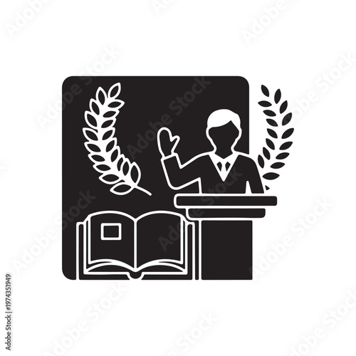 Student government black glyph icon. University student organization. High school leader. Student activity center representative. Silhouette symbol on white space. Vector isolated illustration
