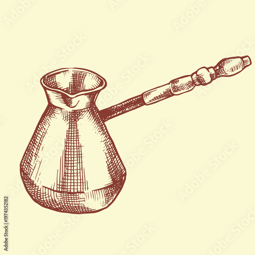 cezve turkish coffee maker. vector illustration in vintage sketch style