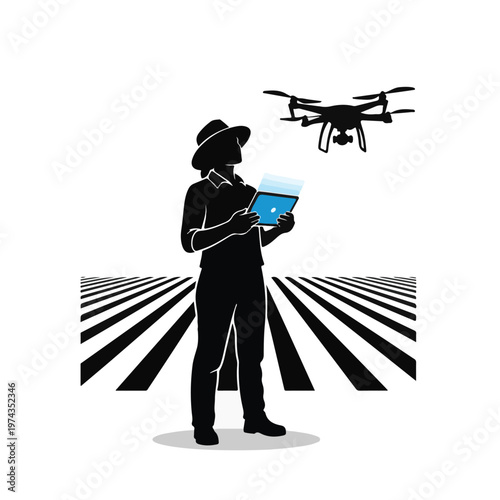 Farmer operating drone with tablet in agricultural field silhouette vector