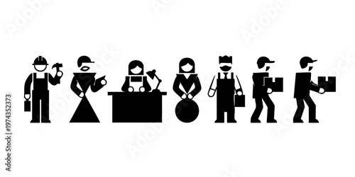 Workers in various occupations standing in a line holding tools.