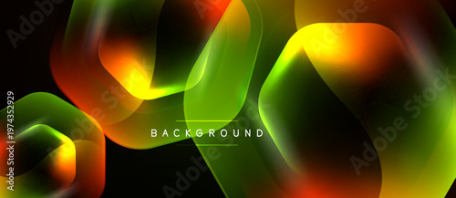 Abstract fluid shapes, vibrant colors blend. Dark background emphasizes glowing forms, creating dynamic visual effect. Modern design element.