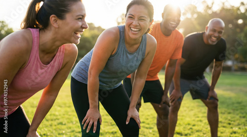 Yoga group wellness community outdoor fitness friends smiling after workout in park sunlight happiness
