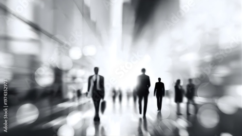 Blurred motion of business people walking in a modern city environment.