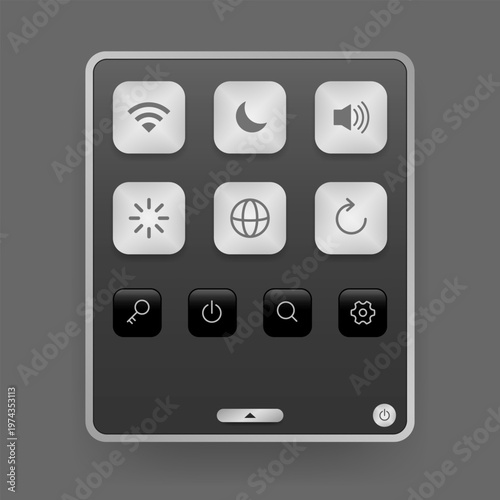 Dark neumorphic control panel UI with system settings icons