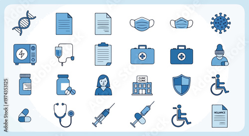 This is a collection of various blue medical and healthcare-related icons including a DNA helix, masks, pill bottles, and a wheelchair.