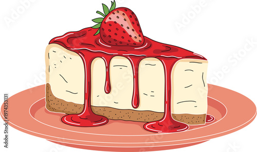 Strawberry, cheesecake, slice, with, red, sauce, dripping, on, plate, vector, illustration, isolated, white, background, dessert, food, cake, sweet, berry, gourmet