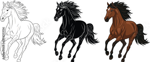 Running horse vector illustration set, featuring black silhouette, detailed line art, and realistic brown colored designs, isolated on white background.