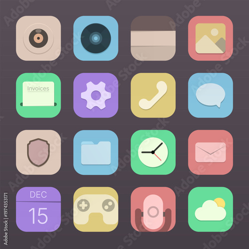 Flat pastel mobile app icon set with modern UI