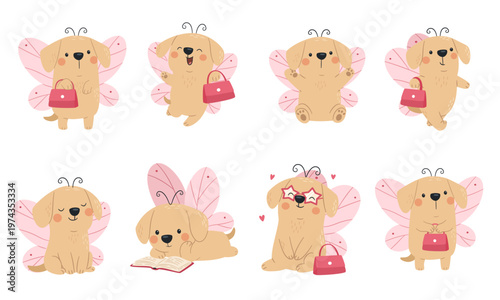 A collection of flat vector illustrations in a simple, child-friendly style. A cute dog with butterfly wings and a pink handbag in various poses, wearing star-shaped glasses. . Vector illustration